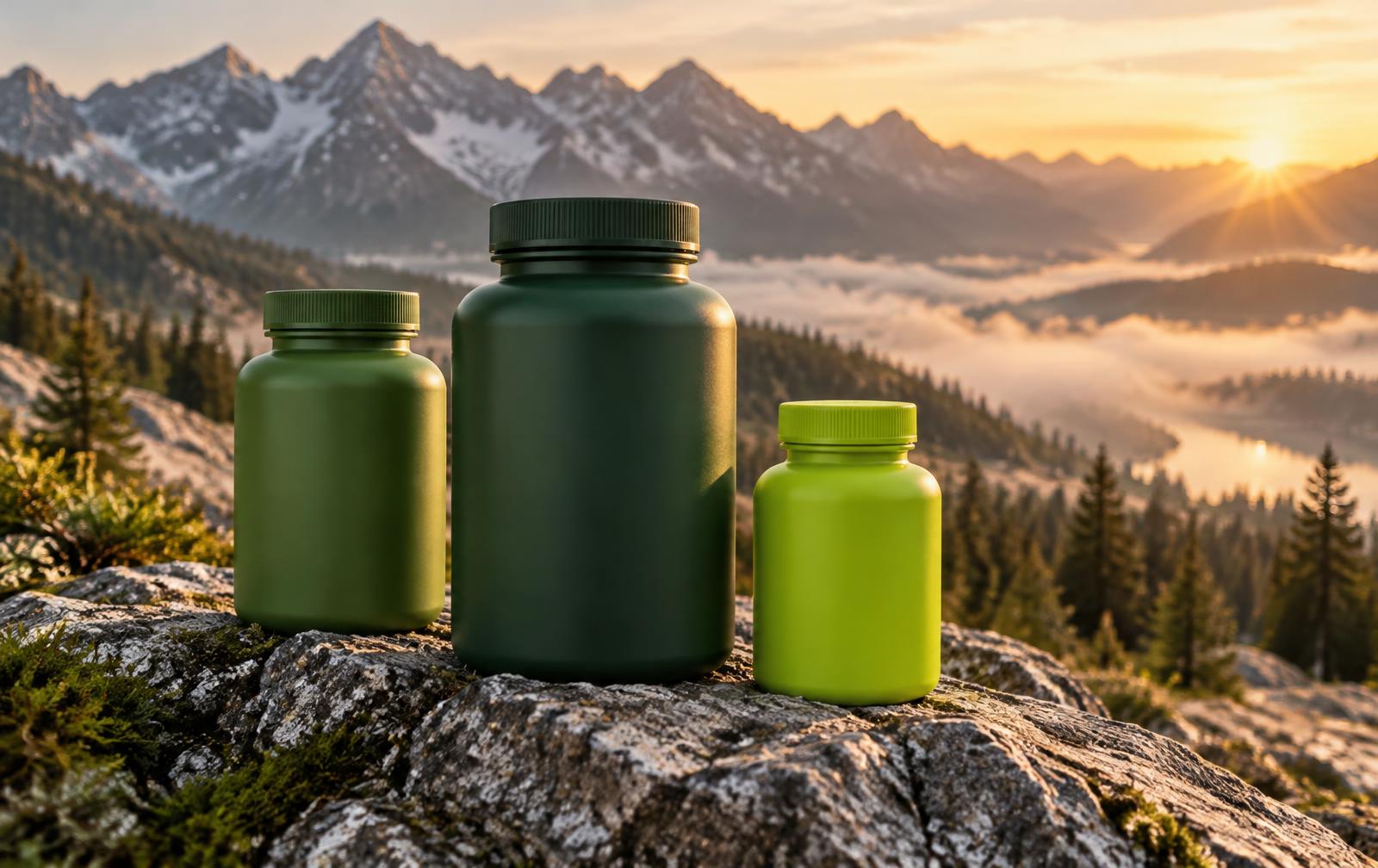Three unlabeled supplement bottles standing on a granite ledge at sunrise with mountain peaks behind